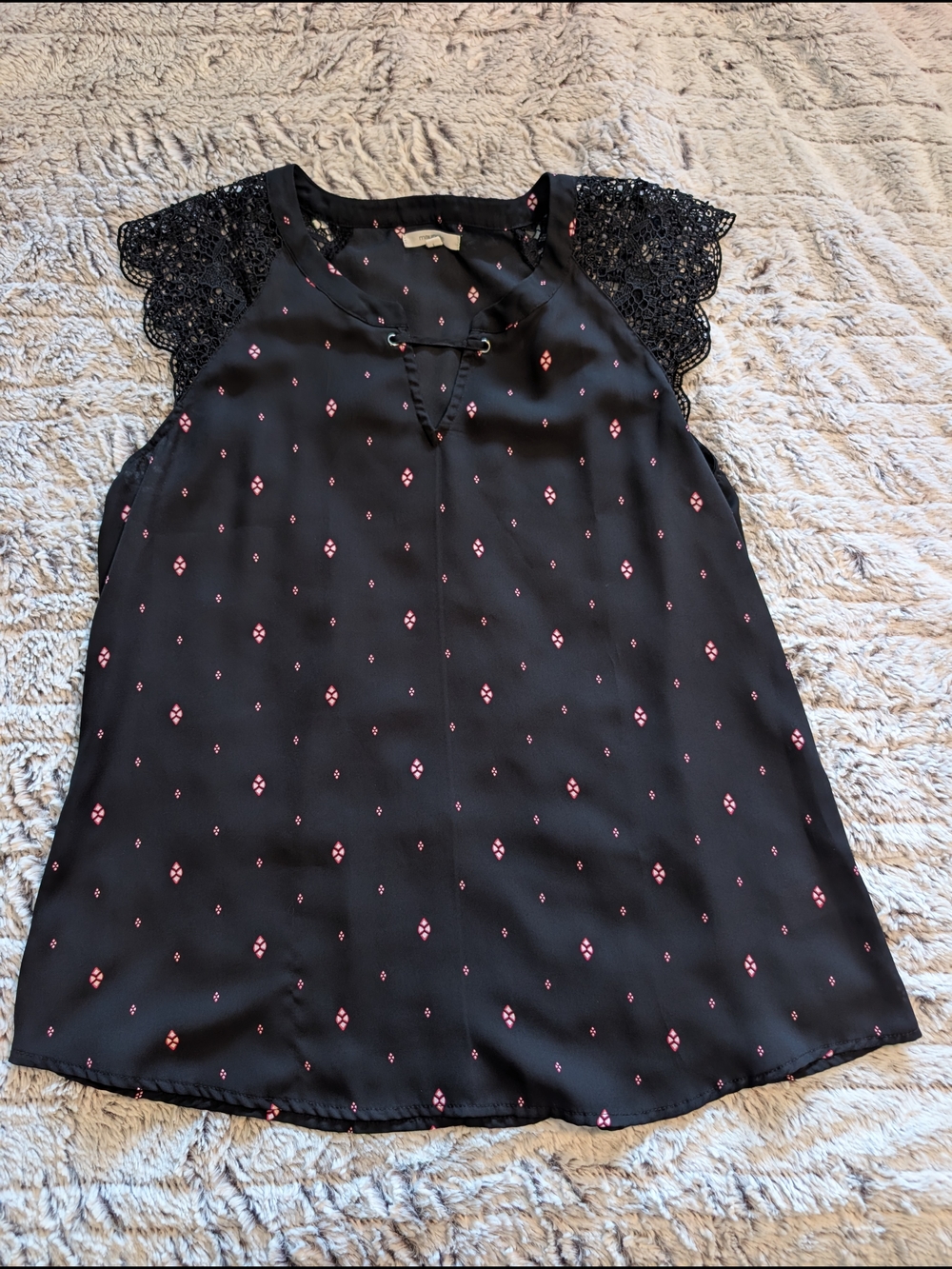 Maurices Black Tank with Pink Diamond Motif & Crochet Cap Sleeves